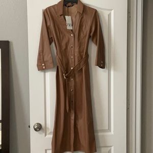 Zara Tan Brown Faux Leather Dress Gold Buttons and Belt S New